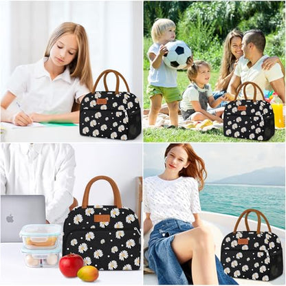 Coobiiya Lunch Bag Lunch Box for Women Men, Reusable Cute Lunchbag - Leakproof, Adult Insulated Lunch Box Tote with Large Capacity, Cooler Container for Work, Travel, Office (Black Daisy) - color: Black Daisy