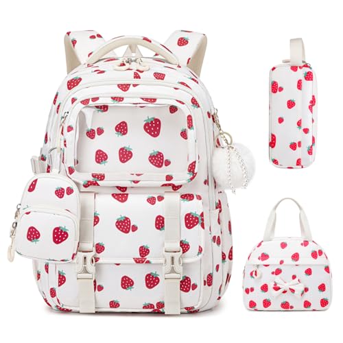 Girls Backpack, Kawaii Kids Backpacks for Girls Multiple Pockets School Bookbag for Primary Elementary School - color: White Strawberry-3pcs