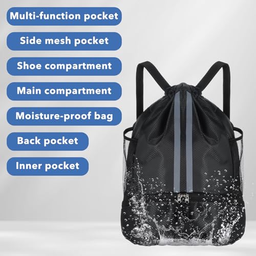 Drawstring Gym Bag with Shoe Compartment and Side Mesh Pockets, Waterproof Sports Drawstring Backpack, Wet and Dry Separation String Backpack for Women Men, Suitable for Fitness, Swimming, Football