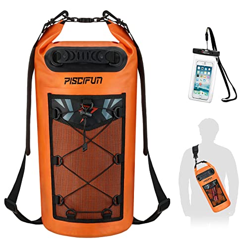 Piscifun Dry Bag, Waterproof Floating Backpack 10L/20L/30L/40L with Waterproof Phone Case for Boating, Kayaking, Fishing - color: Orange, style: 10l