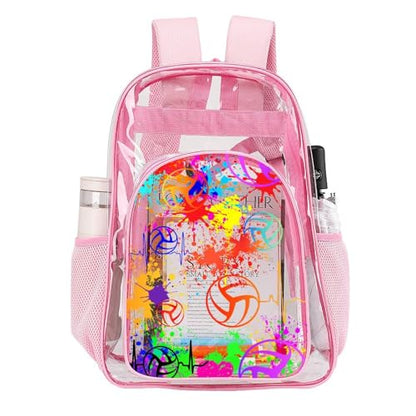 Volleyball Clear Backpack Heavy Duty for Girls Kids Boys Women | Large Cool PVC Volleyball Theme Printing Transparent Backpacks for Schools Stadium Concerts Work - Clear/Pink - color: Volleyball Clear Backpack 1 Pink With Front Pocket