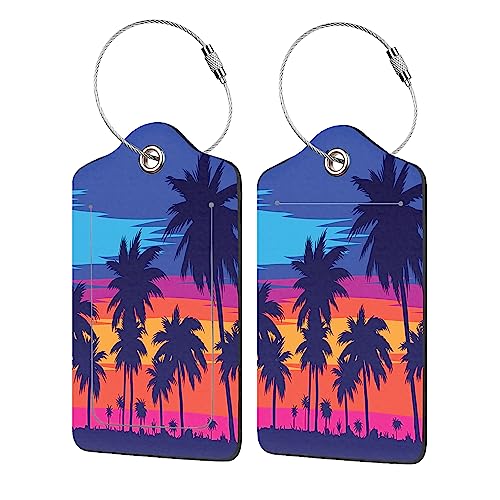 Luggage Tags for Suitcase,2 Pack Evening on the Beach with Palm Trees Luggage Tag with Privacy Flap,Name ID Label and Metal Loop for Women Men Girls Baggage Bag Backpack Instrument - color: Beach With Palm Trees