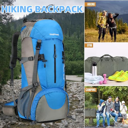 King'sGuard 70L Hiking Backpack with Rain Cover Lightweight Waterproof Travel Camping Backpack Large Backpacking Pack - color: Light Blue