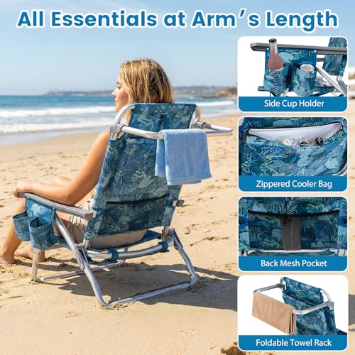 COSTWAY Portable Folding Backpack Beach Chairs Set of 2 with 5-Position Backrest, Padded Headrest, Cup Holder & Ice Bag for Lawn, Poolside (Tropical Leaf) - color: Tropical Leaf