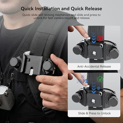 Camera Backpack Clip, Dual-Lock Arca Quick Release for Hands-Free Hiking, Metal Holster for DSLR & Mirrorless with Action Cam & Pocket 3 Mounts, 66lb Load, Fits 75mm Straps - color: Black