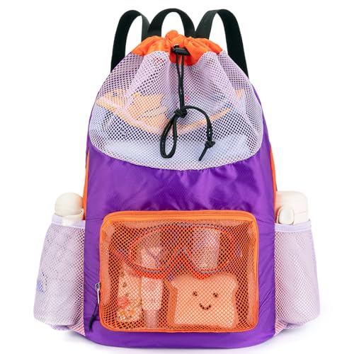 Swim Bag for Kids Mesh Beach Backpack for Boys Lightweight Drawstring Beach Bag Swimming Pool Sports Gym String Bag (Purple-Orange) - color: Purple-Orange