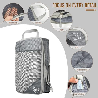 9-Set Packing Cubes with Hanging Bag | 9-Size Combination, Mesh Fabric & Reflective Stripe | Travel Luggage Organizers (Grey) - color: Grey