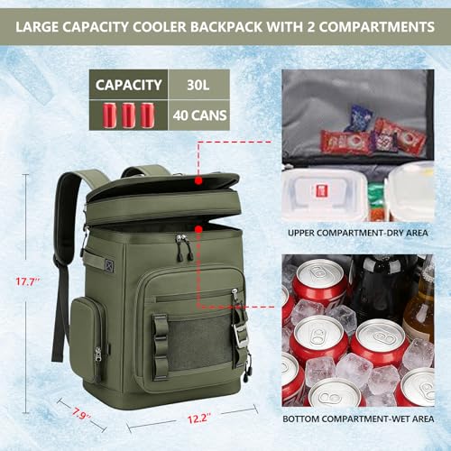 Backpack Cooler,40 Cans Cooler Backpack Insulated Waterproof&Leak Proof,Soft Cooler Bag with 2 Compartments for Men&Women,Picnic Backpack Ice Chest for Camping Hiking Fishing Lunch Beach - color: Army Green