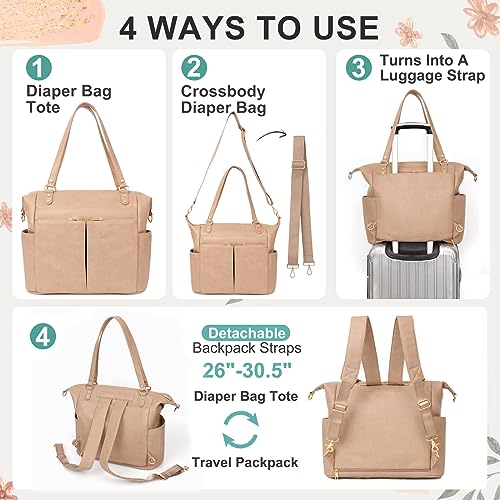 MOMINSIDE Diaper Bag Tote, Leather Diaper Bag Backpack with 14 Pockets, Convertible Baby Bag for Boys Girls, Pañaleras Para Bebe Mommy Bag, Changing Pad, Large 4 Insulated Pockets (Camel) - color: Camel