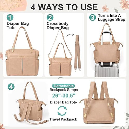 MOMINSIDE Diaper Bag Tote, Leather Diaper Bag Backpack with 14 Pockets, Convertible Baby Bag for Boys Girls, Pañaleras Para Bebe Mommy Bag, Changing Pad, Large 4 Insulated Pockets (Camel) - color: Camel