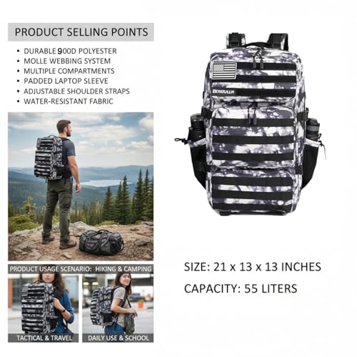 Military Tactical Backpack 55L for Men & Women Bug Out Bag Assault pack Molle Daypack Hiking Trekking Rucksack (Black and white tie dye) - color: Black and White Tie Dye