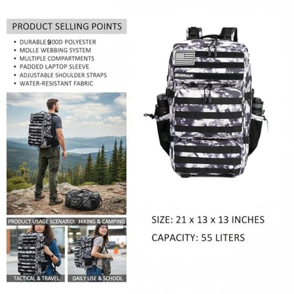 Military Tactical Backpack 55L for Men & Women Bug Out Bag Assault pack Molle Daypack Hiking Trekking Rucksack (Black and white tie dye) - color: Black and White Tie Dye