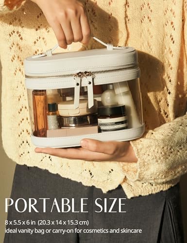 Popvibe Clear Makeup Train Case Vanity Bag Make Up Travel Bag with Brush Holder, Compact Transparent Makeuo Bag for Traveling Leather Cosmetic Case Portable Travel Essentials Toiletry Organizer White - color: White, style: Train Case