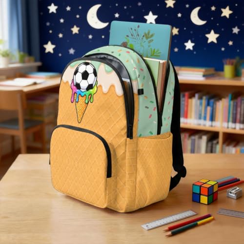 Suobstales Soccer Ice Cream Drip Print 17 Inch Kids Backpack Lightweight Backpack Schoolbag for Boys Girls, Large Capacity Bookbag Daypack with Adjustable Padded Straps for Middle High School College - color: Soccer Ice Cream Drip
