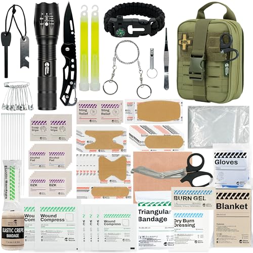 RHINO RESCUE Survival First Aid Kit, HSA/FSA Eligible, Emergency Kit Molle Pouch IFAK Medical Kit for Vehicles Car Camping Backpacking Hiking Hunting - color: Ranger Green