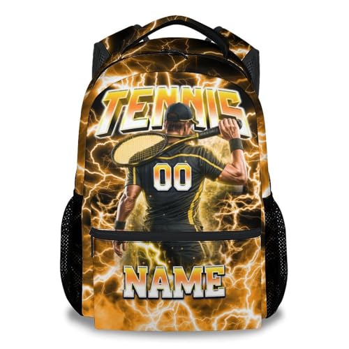 UNIKITTY Boys Tennis Backpack for Kids Personalized School Bag with Name Number, 17 Inch Custom Team Bookbag for Elementary Middle School Students Polyester Sports Daypack - color: Yellow