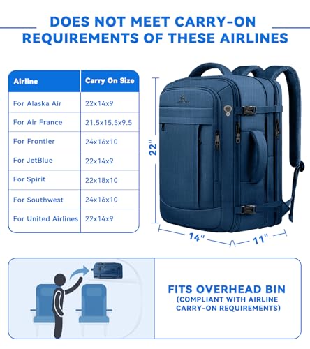AREYTECO 55L Big Capacity Carry On Laptop Backpack Large Travel Backpack for Men, Expandable Water Resistant Overnight Weekender Luggage Gym Daypack Rucksack Traveling Backpack, Traveler Gifts, Blue - color: Blue, size: 18.4 Inch (22''x14''x11'')
