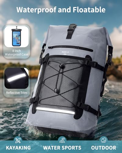 ECOHUB Waterproof Backpack for Women Men, 30L Roll-Top Closure Heavy Duty Dry Bag for Travel with IPX8 Waterproof Phone Case - color: Grey