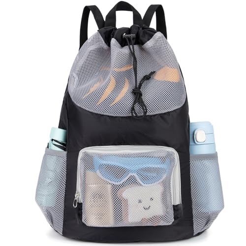 Swim Bag for Kids Mesh Beach Backpack for Boys Lightweight Drawstring Beach Bag Swimming Pool Sports Gym String Bag (Black) - color: Black