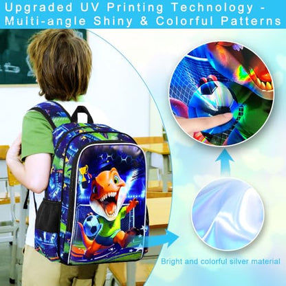 16" Dinosaur Soccer Backpack Set for Boys 4-8, 3Pcs Preschool Bookbag with Football Lunch Box & Pencil Case, Lightweight School Bag (Blue) - color: Soccer Dinosaur Blue