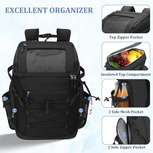 30L Cooler Backpack for Men Women, Leak Proof & Waterproof, Double Decker Insulated Backpack Cooler for Beach Camping Picnic (7.93 Gal, 48 Can) - color: Black