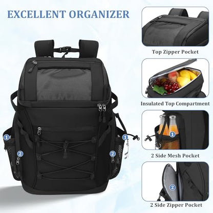 30L Cooler Backpack for Men Women, Leak Proof & Waterproof, Double Decker Insulated Backpack Cooler for Beach Camping Picnic (7.93 Gal, 48 Can) - color: Black