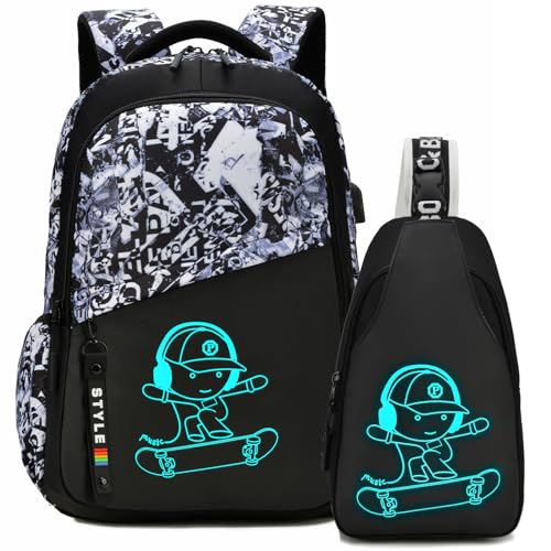 School Backpack for Boys, Kids Backpacks Laptop Backpack with USB Charging Port, Lightweight Bookbag for Elementary Middle School Bags Waterproof Travel Backpack - style: Skateboard-3