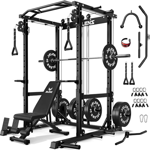 JELENS C12 Squat Rack for Home Gym, 2000LBS Power Rack with Adjustable Pulley System, Power Cage Workout Equipment with LAT Pulldown and Training Attachment - color: Black, size: 260lbs Black
