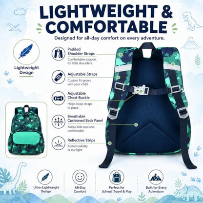 BTOOP Dinosaur Kids Backpack for Boys Girls 3-6, Cute Preschool Kindergarten Backpack with Insulated Lunch Compartment & Chest Strap, Lightweight School Travel Bag Fits A4 Folder - color: Dinosaur, size: Age 3-6 (14.5" H Fit Folder)