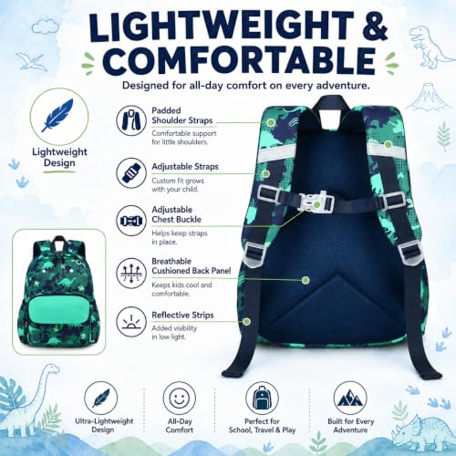 BTOOP Dinosaur Kids Backpack for Boys Girls 3-6, Cute Preschool Kindergarten Backpack with Insulated Lunch Compartment & Chest Strap, Lightweight School Travel Bag Fits A4 Folder - color: Dinosaur, size: Age 3-6 (14.5" H Fit Folder)
