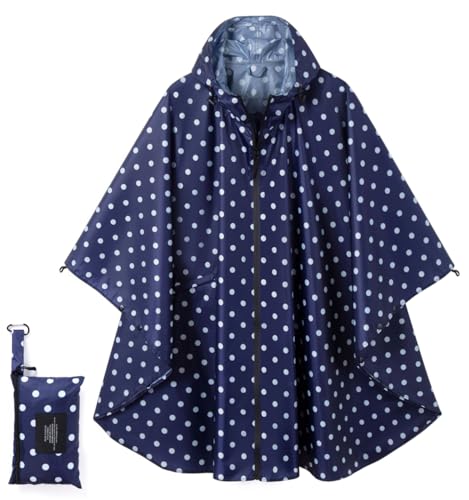 Fashion Hooded Rain Poncho Waterproof Raincoat Jacket with pocket for Women/Men/Adult - color: A-blue Dot