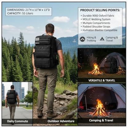 Military Tactical Backpack 55L for Men & Women Bug Out Bag Assault pack Molle Daypack Hiking Trekking Rucksack (Black) - color: Black