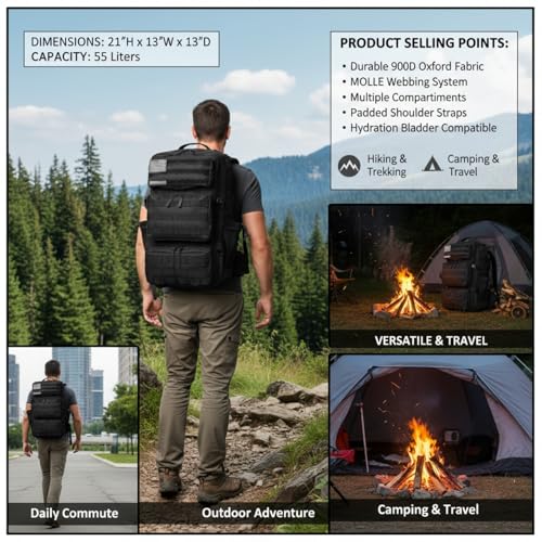 Military Tactical Backpack 55L for Men & Women Bug Out Bag Assault pack Molle Daypack Hiking Trekking Rucksack (Black) - color: Black