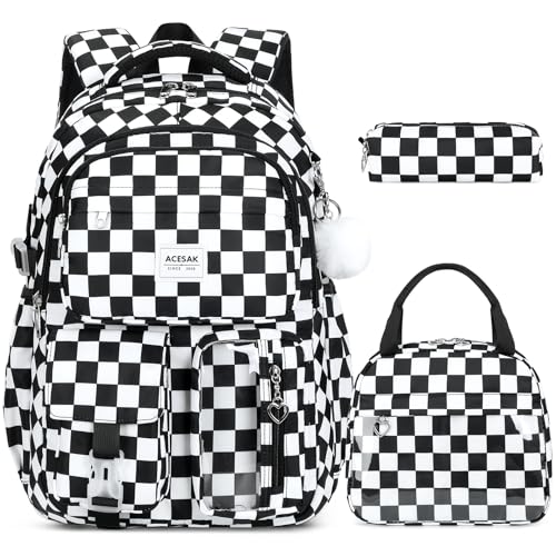 ACESAK Backpack for Girls - Girls Backpack with Lunch Bag & Pencil Pouch for Teen Kids Laptop Backpack for Women, Elementary Middle High School Bookbag Travel Daypack (Black Checkered) - color: Black Checkered