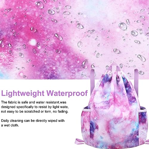 RHCPFOVR Drawstring Backpack for Kids - Mermaid Bags for Girls Gym Dance Beach Swim Travel Bag With Two Water Bottle Holde - color: Galaxy
