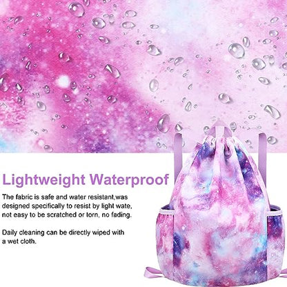 RHCPFOVR Drawstring Backpack for Kids - Mermaid Bags for Girls Gym Dance Beach Swim Travel Bag With Two Water Bottle Holde - color: Galaxy