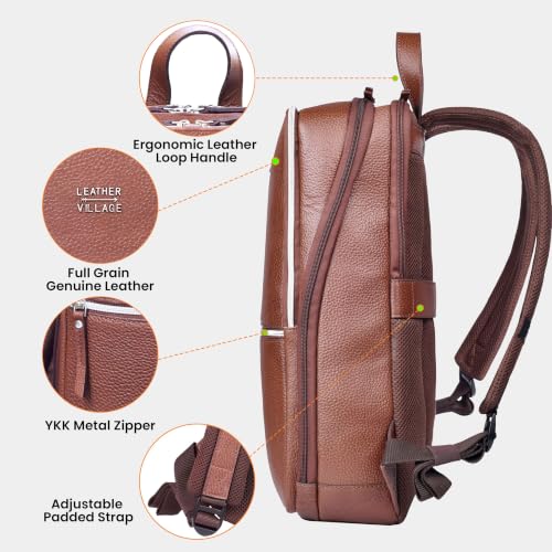 LEATHER VILLAGE Leather Laptop Backpack for Men with Trolley Strap 16L Slim - color: Cognac