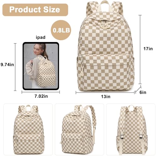Bluboon School Backpack for Teen Girls Women Laptop Backpack College Bookbags Middle School Travel Work Commuter Back Pack - color: Brown White Grid