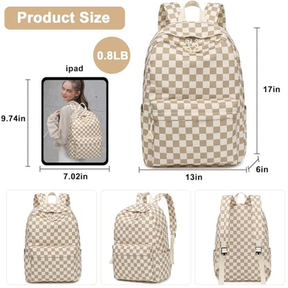 Bluboon School Backpack for Teen Girls Women Laptop Backpack College Bookbags Middle School Travel Work Commuter Back Pack - color: Brown White Grid