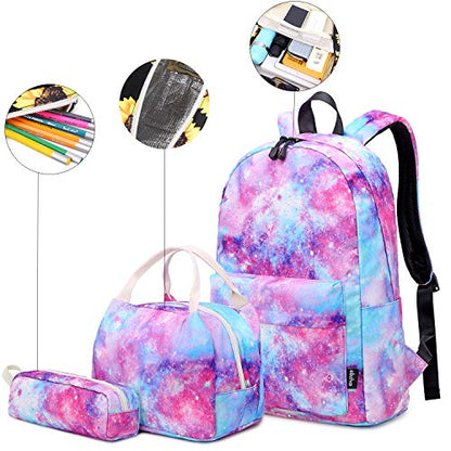 abshoo Lightweight Water Resistant Backpacks for Teen Girls School Backpack with Lunch Bag - color: Galaxy Pink Set