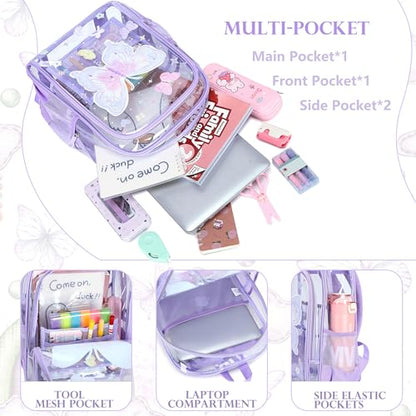 AO ALI VICTORY Clear Backpack for School,PVC Transparent Kids Bookbag for Girls Boys Cute Toddler Back Pack Kindergarten Elementary Schoolbag Stadium Approved See Through Backpacks, Purple Butterfly - color: Purple Butterfly