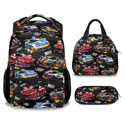 Boys Backpack Set - Racing Car Backpacks for Kids - 3Pcs Toddler Bookbag with Lunch Box & Pencil Case - Lightweight School Bag for Kindergarten/Preschool/Elementary (17 Inch) - color: Black