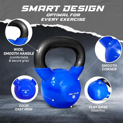 Yes4All Kettlebell, 5-100 LB Vinyl Coated Cast Iron Strength Training Kettlebells for Home Gym Exercises, Fitness, Full Body Workout Equipment, Push Ups, and Grip Strength - color: E. 25LB - Dark Blue, style: Vinyl Coated - Pair