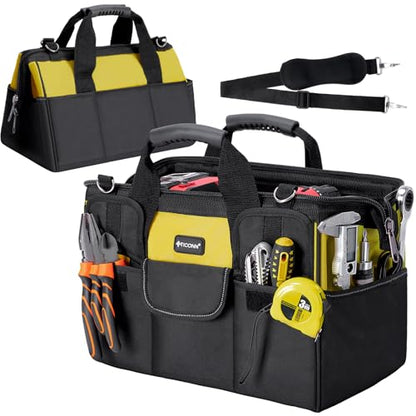 TICONN Tool Bag with Multi-Pockets Wide Mouth Tool Tote with Safety Reflective Straps, Adjustable Shoulder Strap and Ergonomic Handle (Yellow, 16" Standard Base) - color: Yellow, size: 16" Standard Base