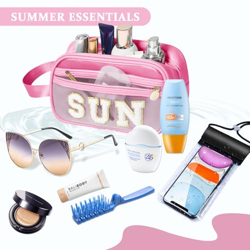 COSHAYSOO Clear Sunscreen Bag Makeup Toiletries Pouch Beach Vacation Essentials Summer Travel Stuff Accessories Personalized Graduation Gifts for Her Women College Teen Girls Teacher Nurse Pink SUN - color: Pink-SUN