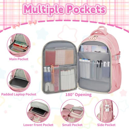 Girls Backpack with Lunch Box Set, 4 PCS Cute Kawaii School Bookbag for Elementary Girls, Pink Aesthetic Large Laptop Backpack for Kids & Teens - color: Pink