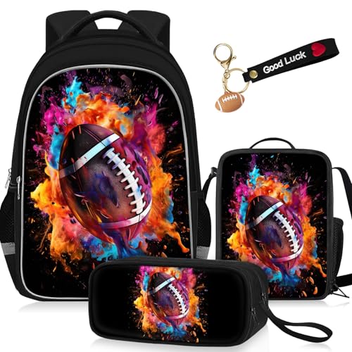 School Backpack for Boys - 4pcs Ameriacn Football Boys Backpack with Lunch Box and Pencil Case for Kids Children Teens Elementary Middle School - Students Bag for Ages 6-18,17″Bookbag Travel Back Pack - color: American Football-05-backpack Set