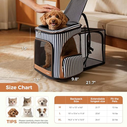 Lekereise Pet Carrier Backpack Expandable Cat Backpack for Small Dogs Cats, Dog Backpack Bag with Breathable Mesh and Inner Safety Leash, Striped - color: Stripes, size: 24.4"L x 14"W x 16.2"H