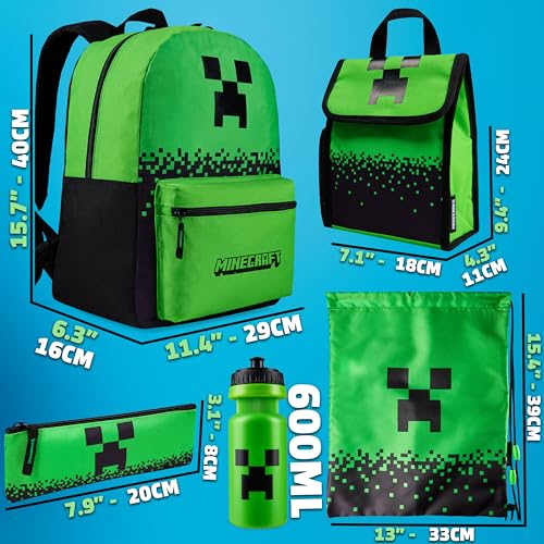 Minecraft Boys Backpack 5 Pc Gift Set with Creeper School Bookbag, Lunch Bag, Pencil Case, Water Bottle and Travel Daypack (Green) - color: Green