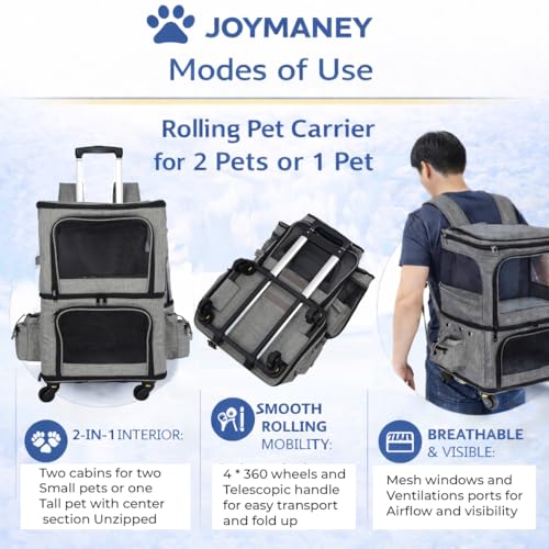 Double Pet Carrier Backpack with Wheels for Small Dogs & Cats, Dual Compartment Rolling Carrier for Vet Visits & Road Trips (Not Designed for Under-Seat Airline Travel, Check Size Guide)
